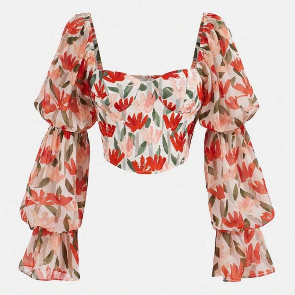 Kay’s Illustrations 🧡  Floral Puff-Sleeve Cropped Blouse in Coral orange Pink